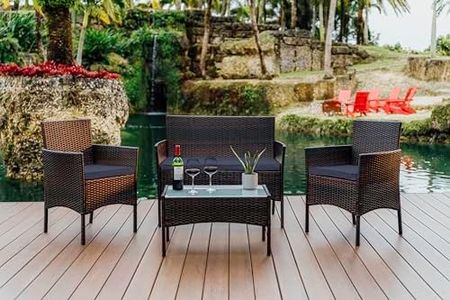 Nestl Wicker Patio Furniture Set - 4 Piece Patio Set with Patio Chairs Set of 2, Loveseat, Glass Top Coffee Table, Outdoor Furniture Sets for Backyard or Pool, Front Porch Furniture Set (Brown/Navy)