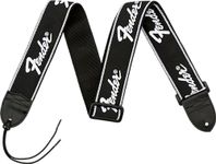 Fender Running Logo Guitar Strap, Adjustable 30 to 51 Inches, Reinforced Leather Ends, Comfortable 5cm Wide Polyester, Classic Black with White Stitching