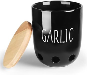 HAOTOP Ceramic Garlic Saver Container with Wood Lid (Black)