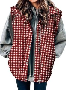 EVALESS Womens Fashion Cropped Puffer Vest Fall 2026 Lightweight Quilted Stand Collar Sleeveless Button Down Plaid Jackets Winter Warm Coat Outerwear Gilet with Pockets Red XX-Large