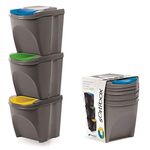 KrysGo 20 Litre Large Stackable Recycling Sorting Colour Coded Plastic Bins with Hinged Lids (Grey, Set of 3)