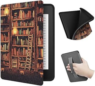 ERUNTO Case for 6.8-inch Kindle Paperwhite and Paperwhite Signature Edition, TPU Cover with Cloth Texture and Hand Belt on The Back, Magnetic Shell Cover with Smart Wake-up/Sleep(Gold Bookshelf)