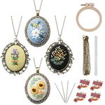 ZOCONE 4 Packs Embroidery Necklace Kit, Embroidery Pendant Kit Mini Cross Stitch Kit with Hoop, Necklace, Pendant, Stamped Pattern Cloth, Instructions, etc., Embroidery Kit for Adults