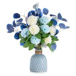 Fake Flowers in Vase Decoration: Blosmon Artificial Silk Flower Bouquet with Vases for Table Centrepiece Decor Plastic Blue Faux Floral Arrangement Display for Garden Wedding Party Living Room Window