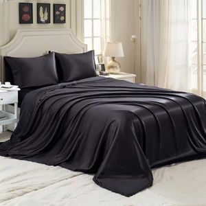 T Tersely 4 Piece Satin Bed Sheets Queen Size Black Satin Bed Sheet Set,Deep Pocket Silky Satin Sheet Set with 1 Fitted Sheet, 1 Flat Sheet and 2 Pillow Cases- Wrinkle, Fade, Stain Resistant (Black)