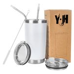 Y·J&H 20oz (550ml) Travel Tumbler Double Wall Vacuum Insulated Coffee Mug Stainless Steel Coffee Cup with 2 Splash Proof Lid, 2 Straws & Free Cleaning Brush, BPA Free - White