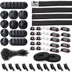 [152 Pcs] Cord Management Organizer Kit, 4 Split Cable Sleeve, 36 Self Adhesive Cable Clips Holder 10 Pcs, 2 Rolls of Self Adhesive Ties, 100 Fastening Zip Cable Ties (Black)