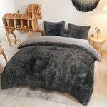 MEGO Luxury Shaggy Plush Duvet Cover Set, Soft 3 Pieces Fluffy Faux Fur Comforter Cover Set Queen Size, Fuzzy Velvet Bedding Set(1 Furry Duvet Cover + 2 Pillowcases), Zipper Closure(Queen, Dark Grey)