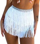 Women's Sequin Tassel Skirts Rave Fringe Hip Scarf for Festival (White-2), White-2, Large