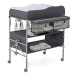 GYMAX Baby Changing Table, Foldable Infant Diaper Changing Station with 4 Lockable Wheels, Storage Basket & Shelves, Height Adjustable Newborn Bath and Changer Unit (Gray)