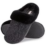 HomeTop Women's Fuzzy Knited Memory Foam House Slippers with Indoor Outdoor Rubber Sole (7-8, Space Black)