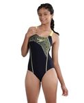 Speedo Girl's Endurance 10 High Chlorine Resistance UPF 40+ Sun Protection Medley Logo Muscleback One Piece V-Cut Swimsuit - True Navy & Lemon Drizzle