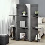 CraftLense Wooden Room Divider Partition-Foldable Wood Screen Divider for Office, Restaurant, Living Room, Bedroom, and Patti Design - Four Panels with Three Shelves-Grey