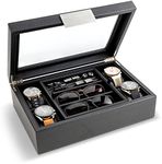 Glenor Co Valet Jewelry Box for Men - Holds 4 Watches, 12 cufflinks, 2 Sunglasses & Tray Storage - Mens Watch Case - CarbonFiber Organizer w Metal Accents, PU Leather & Large Glass Lid - Black