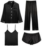 SWOMOG Women Satin Pajamas 4pcs Pajama Set Sexy Cami Shorts Set and Button Down Long Sleeve Pjs Loungewear Sleepwear Black X-Small