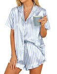 Hotouch Pj Set for Women Shorts Silk Short Sleeve Cute Stripe Print Button Pajamas Set Sleepwear