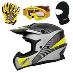 Zorax Black/Silver/Yellow L (59-60cm) ZOR-X305 Motocross HELMET & Gloves L(10cm) & Goggles & Balaclava - MX Quad ATV Sports Enduro Crash Dirt Bike Helmet ECE 22.06 Certified