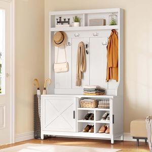YITAHOME Hall Tree with Shoe Storage Bench for Entryway, 4-in-1 Coat Rack with Bench, Entrance Organizer, Hall Tree with Adjustable Shoe Storage and Hanging Hooks, White