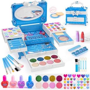GORISPI Kids Makeup Sets for Girls, 66pcs Real Cosmetic for Kids Toys with Mirror, Princess Washable Girls Makeup Kit, Non-Toxic & Safe Brithday Gifts for 3 4 5 6 7 8 10 - 12 Years Old（Blue）