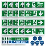 30pcs Premium Fire Exit Sign Kit (Right, Left, Up, Down Arrow) - Fire Exit Keep Clear, Fire Door Keep Shut, 30 X 10cm Self Adhesive Sticker EN ISO 7010 Compliant