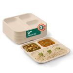 ECO SOUL | 3 Compartment Bagasse Meal Tray | 9 Inch - Pack of 50 | Disposable Plates Big Size | Sturdy, Compostable & Heat-Safe | Perfect for Parties, Events & Buffets