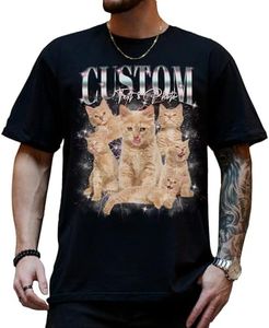 Custom Cat Shirt with Cat Faces Photo Text, Personalized Cat Dad Tshirts for Men Women, Customized Vintage Cat Shirt Style Cat Your Own Bootleg Rap Tee Shirt, Custom Pet Tshirt for Cat Lovers S-5XL