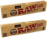 Raw Classic Natural Unrefined King Size Pre-Rolled Rolling Paper Cones 32 Per Box (2 Pack)