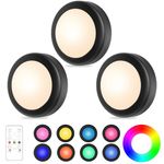 WUYOR Wireless Under Cabinet Lights, 16 Colors LED Under Cupboard Lights, Stick on Wardrobe Lights Under Counter Lights with Remote Control, RGB Brightness Adjustable Puck Lights 3 Packs Black