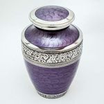 Hind Handicrafts Silver Engraved Cremation Urn for Human Ashes Adult Funeral Urn Handcrafted - Large Burial Urn for Human Ashes - Bag Included (7" x 7" x 10" - 200 bs or 90 kg, Pearl Purple)