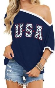 LEEDYA Womens USA Sweatshirt American Flag Oversized Graph Letter Pullover Crewneck Long Sleeve Loose Fit Tees Clothes Blue 2XL