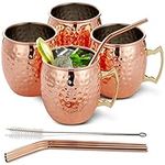 Oak & Steel - 4 Large Moscow Mule Cocktail Mugs, 550ml - Hammered Design Copper Cups Gift Set with Stainless Steel Straws Cleaning Brush