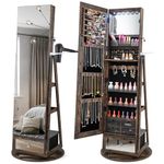 RELAX4LIFE 360° Swivel Jewellery Cabinet, 4 in 1 Standing Jewelry Armoire with Full-Length Mirror, LED Lights, Rear Shelves and Hair Dryer Rack, Lockable Jewellery Organiser (Rustic Brown)