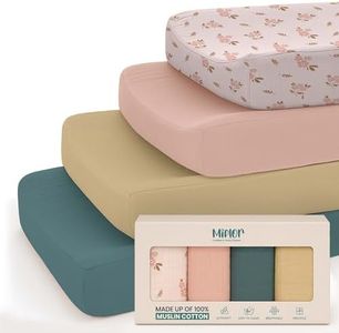 Mi Flor 4 Pack Muslin Changing Pad Cover 16x32x5 inches – Ultra Soft CPC Certified Baby Changing Table Cover with Elastic Corners, 360° Fit, Lightweight, Breathable, Fits Most Changing Pads