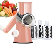 Ourokhome Rotary Cheese Grater Hand Crank, Kitchen Shredder Speed Mandolin Slicer Nuts Grinder with Handle and Drum Blades for Cheese, Vegetable, Walnuts, Chocolate, Potato, Carrot, 3 Blades, Pink