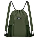 WANDF Drawstring Backpack with Shoulder Pad Sports Gym Backpack with Mesh Pocket String Bag for Women Men (Dark Green)