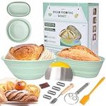 Neddie Silicone Banneton Bread Proofing Baskets, 9 Inch Round & 10 Inch Oval Foldable Sourdough Baking Basket, Complete Set for Bread Making With Essential Tools, Easy to Clean and Storage (Green)