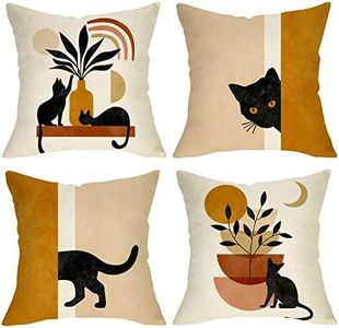 Ussap Boho Abstract Cat Plant Sunset Decorative Throw Pillow Covers Set of 4, Minimalist Art Aesthetic Pillowcase Decoration, Bohemian Modern Sofa Couch Cushion Case Home Decor 18x18