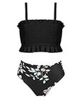 Arshiner Bikini Girls Swimsuit Children's Ruched Bikini Top with Ruffles Swimwear Bandage Tankini Black Flowers Bikini Briefs Swimwear 9-10 Years