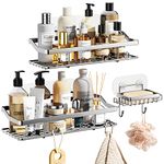 HapiRm 3 Pack Shower Caddy, 2 Shower Shelf Bathroom Organizers with 1 Soap Dish Holder, Shower Organizer Storage Shelf with 12 Hooks, Rustproof Stainless Steel with Traceless Spare Adhesives, Silver