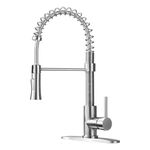 KINGO HOME Lead Free Modern Stainless Steel Single Handle Pull Down Sprayer Spring Brushed Nickel Kitchen Faucet, Kitchen Sink Faucet with Deck Plate