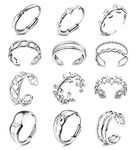 JeryWe 12PCS Stainles Steel Rings for Women Silver Aesthetic Jewelry Rings Stackable Rings Trendy Knuckle Thumb Finger Rings Size 6-9 Indie Rings Adjustable Open Rings Set（Style1）