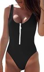 CHYRII Women Sexy Zipper Front Low Back High Cut One Piece Swimsuit Bathing Suit, Black, Medium