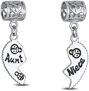 Personalized BFF Ladybug Puzzle Two Piece Split Heart Shape Words Aunt Niece Dangle Bead Charm Oxidized .925 Sterling Silver Fits European Bracelet