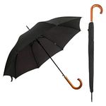 DUA Classic Gents Auto Walking Length Black Umbrella with Wood Handle, Sleeve & Strong Fiber Glass Stem