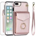 Asuwish Phone Case for iPhone 7plus 8plus 7/8 Plus Wallet Cover with Tempered Glass Screen Protector and Ring Stand Credit Card Holder Cell i Phone7s 7s + 7+ 8s 8+ Phones8 7p 8p Women Men Rose Gold