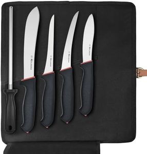 HALSENX 6PCS Professional Butcher Knife Set with Softgrip, 8" Butcher, 6" Semi-Flex/Stiff Boning, 5" Skinning, 8" Sharpener Rod & Knife Roll Bag for Home Kitchen, Camping, Hunting