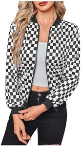 WDIRARA Women's Zip Front Plaid Print Long Sleeve Stand Collar Casual Jacket Black Chequered Medium