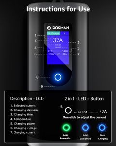 bokman 7kW Type 2 EV Charger – 5M Cable, Adjustable Current, IP65, LED Display