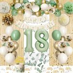 18th Birthday Decoration, Sage Green Gold Party Decorations, Green White Sand Balloons with Happy Birthday Banner Party Supplies Tablecloth Fringe Curtain Paper Pom Poms for Women Men Girls Boys