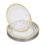 STACKABLES ~ Pack of 20 Hard Plastic Plates ~ 7.5 Inch Round Clear Plate with Doubled Gold Rim ~ Multi-Purpose Reusable Plate for Weddings Parties Catering & Picnic